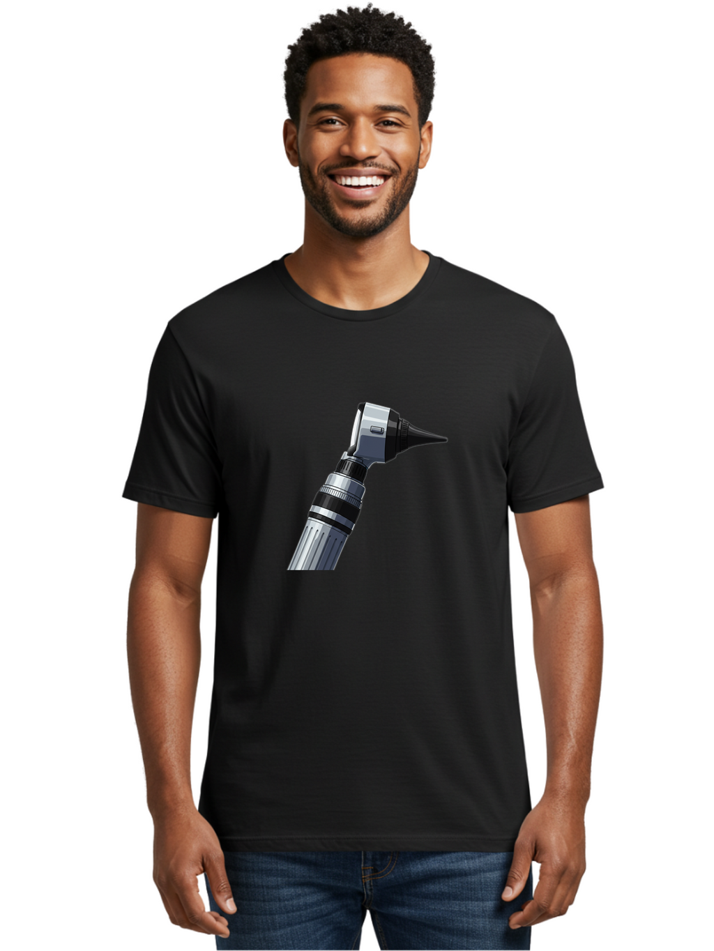 Otoscope Men'S Graphic Tee, 100% Cotton, Comfortable Casual Summer Wear, Machine Washable, Otoscope For Ear Examination, Medical Device, Healthcare Equipment, Doctor'S Tool, Silver And Black Design, Ear Inspection Bab059