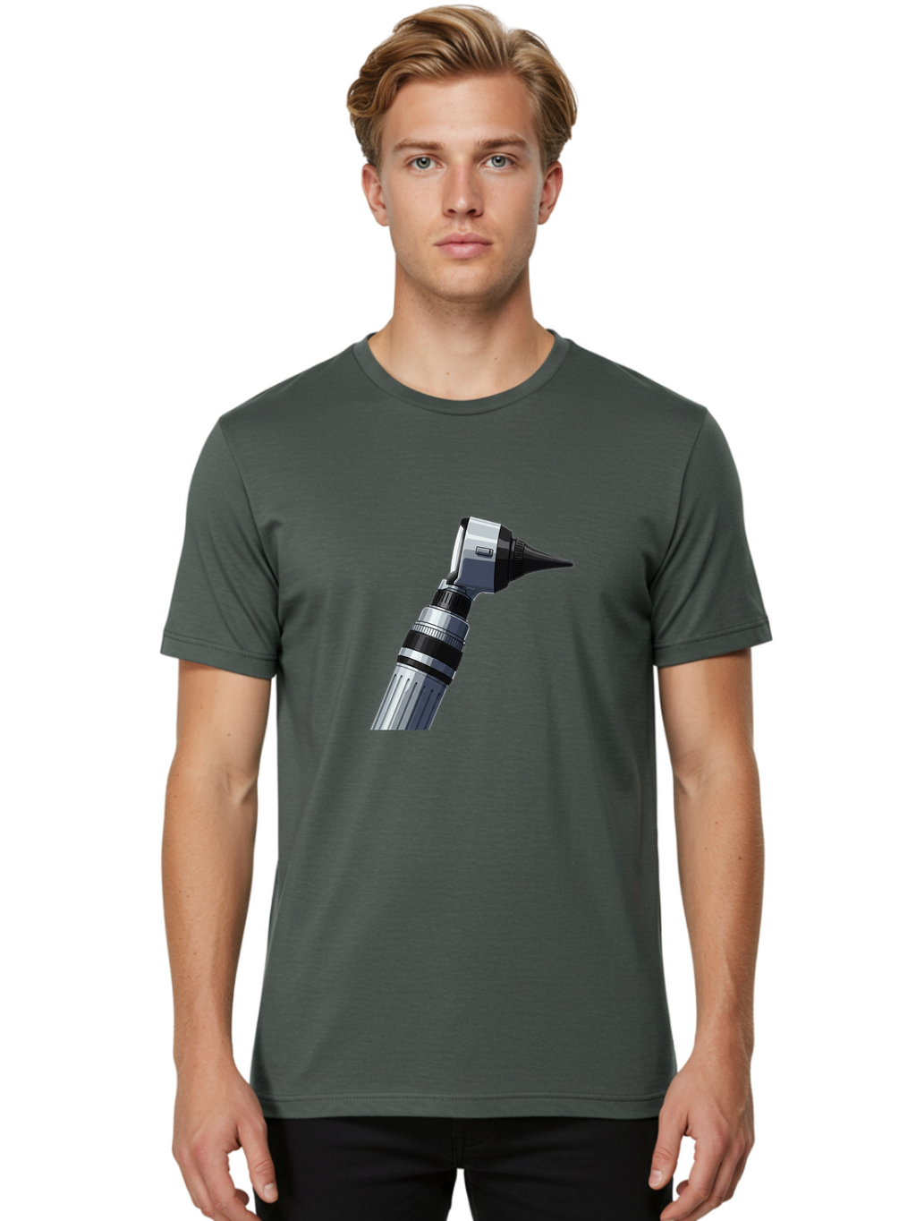 Otoscope Men'S Graphic Tee, 100% Cotton, Comfortable Casual Summer Wear, Machine Washable, Otoscope For Ear Examination, Medical Device, Healthcare Equipment, Doctor'S Tool, Silver And Black Design, Ear Inspection Bab059
