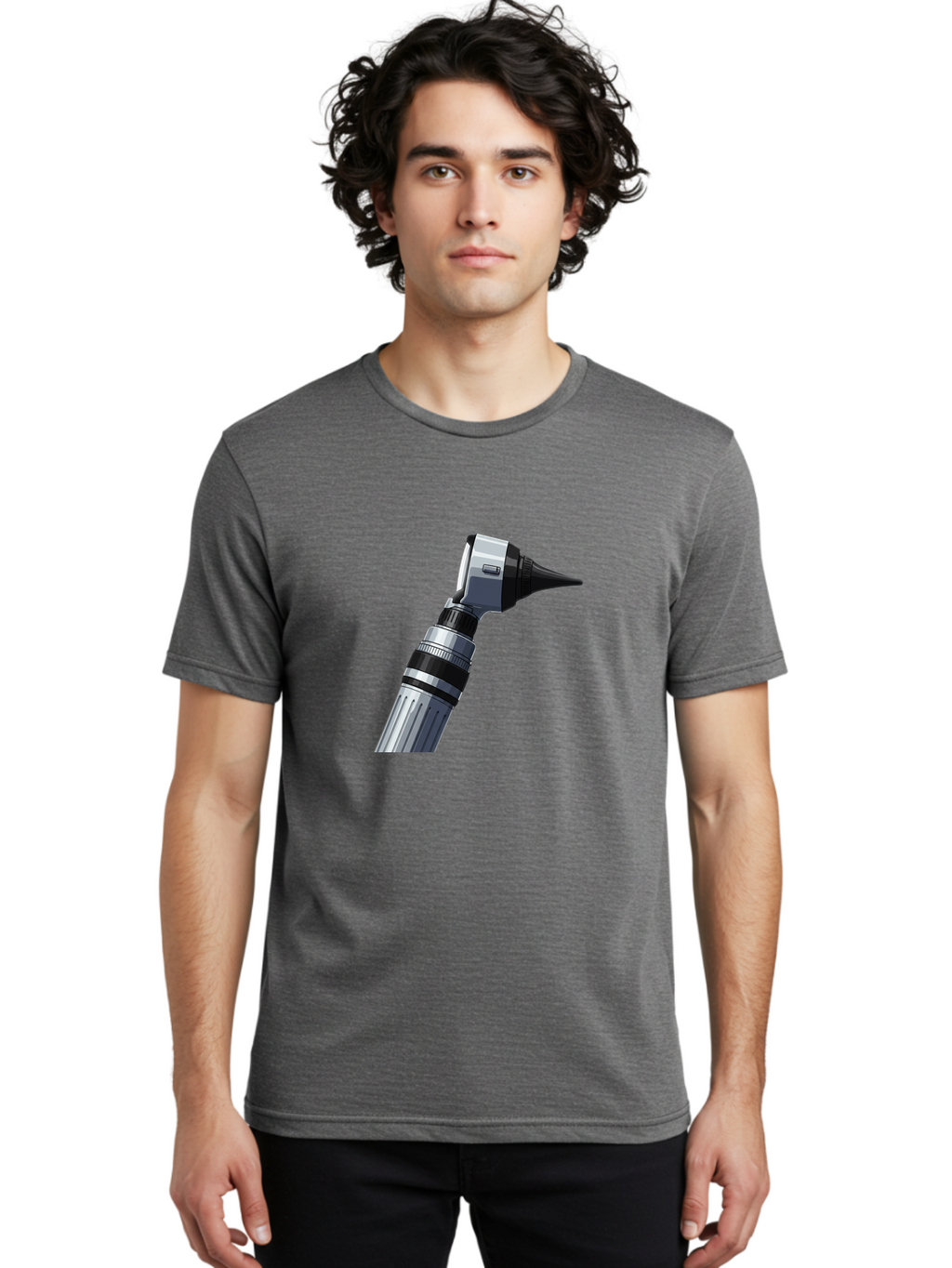 Otoscope Men'S Graphic Tee, 100% Cotton, Comfortable Casual Summer Wear, Machine Washable, Otoscope For Ear Examination, Medical Device, Healthcare Equipment, Doctor'S Tool, Silver And Black Design, Ear Inspection Bab059