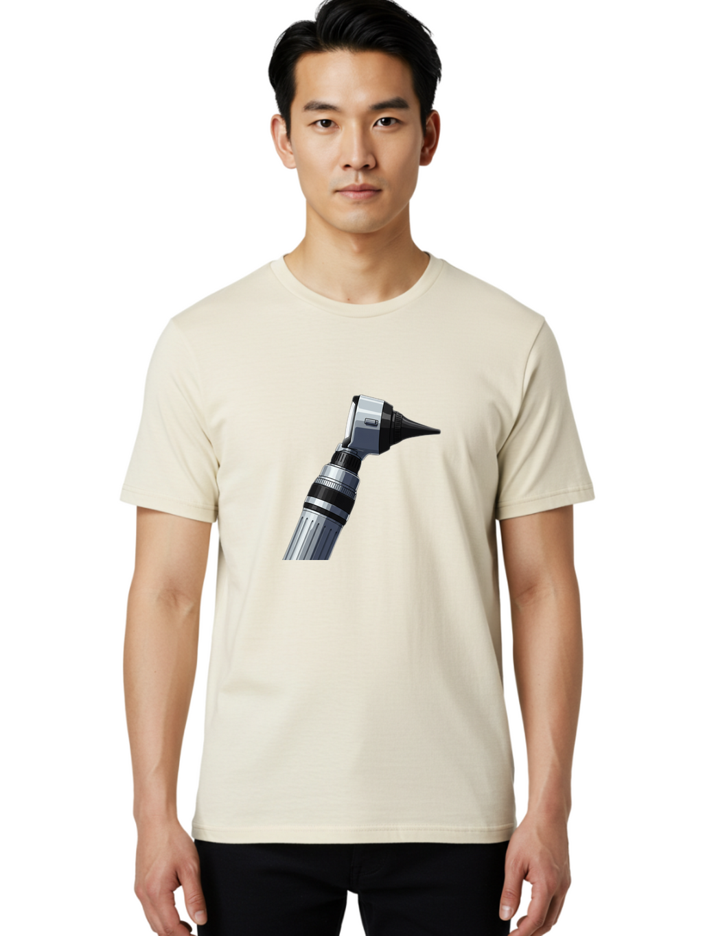 Otoscope Men'S Graphic Tee, 100% Cotton, Comfortable Casual Summer Wear, Machine Washable, Otoscope For Ear Examination, Medical Device, Healthcare Equipment, Doctor'S Tool, Silver And Black Design, Ear Inspection Bab059