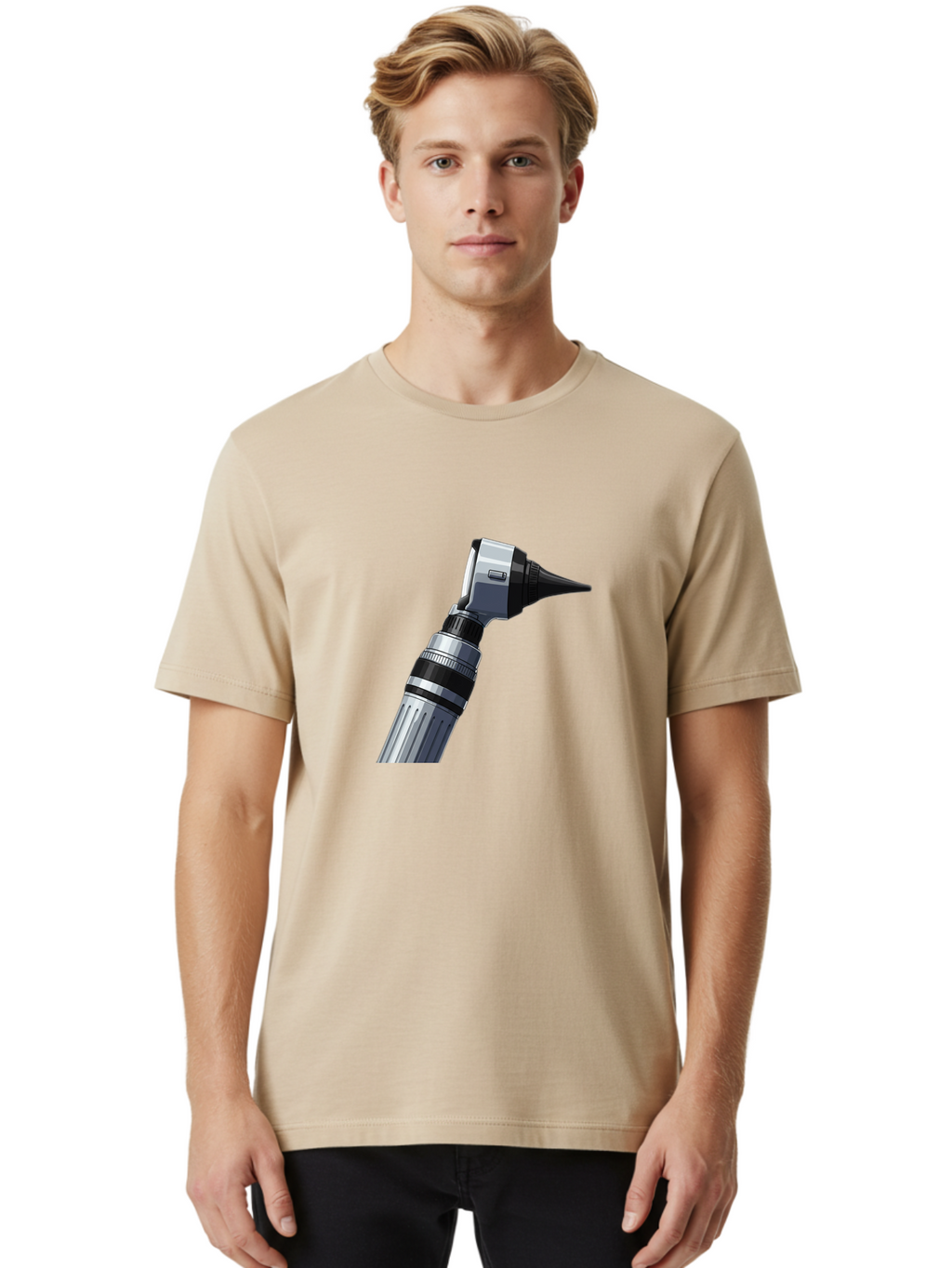 Otoscope Men'S Graphic Tee, 100% Cotton, Comfortable Casual Summer Wear, Machine Washable, Otoscope For Ear Examination, Medical Device, Healthcare Equipment, Doctor'S Tool, Silver And Black Design, Ear Inspection Bab059