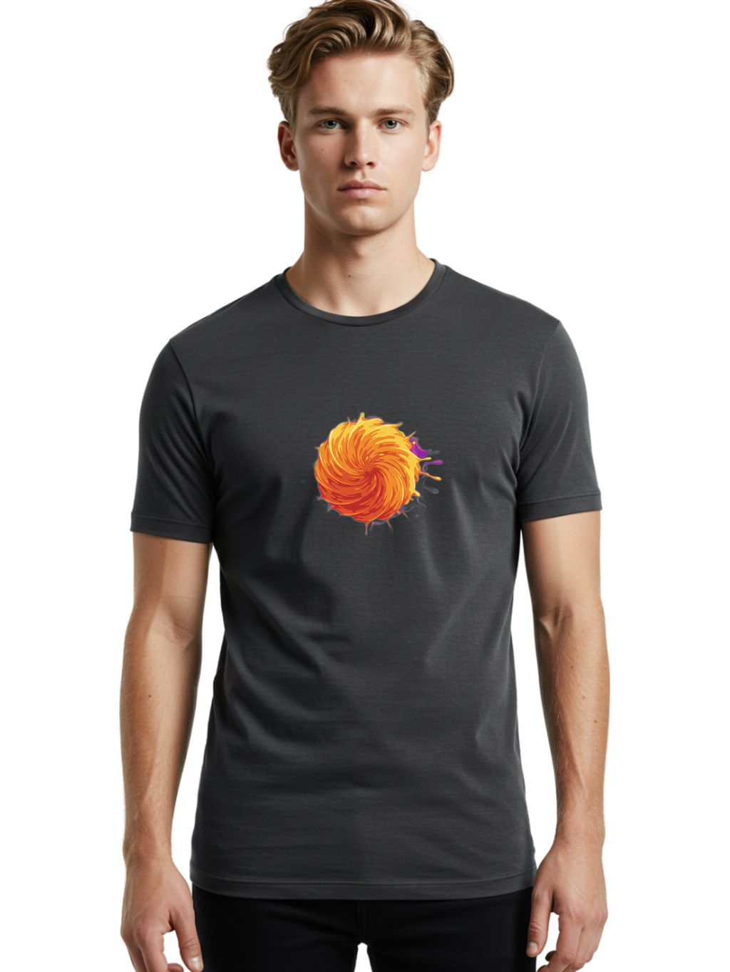 Paint-Splatter Men'S Graphic Tee, 100% Cotton, Comfortable Casual Summer Wear, Machine Washable, Orange Paint Splash, Vibrant Paint, Colorful Splatter, Artistic Expression, Creative Design, Abstract Art, Dynamic Movement Bab061