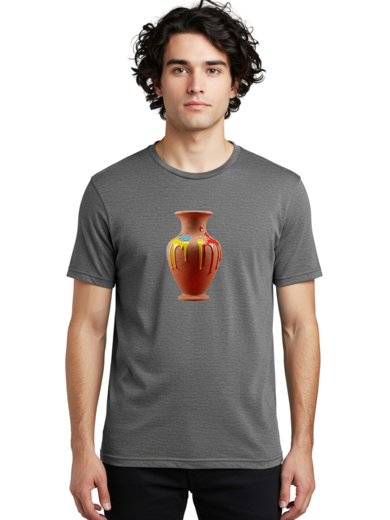 Painted-Clay-Pot Men'S Graphic Tee, 100% Cotton, Comfortable Casual Summer Wear, Machine Washable, Painted Clay Vase, Pottery Art, Colorful Drip Design, Artistic Expression, Vibrant Colors, Handmade Decor, Unique Pottery, Decorative Vase, Bab062
