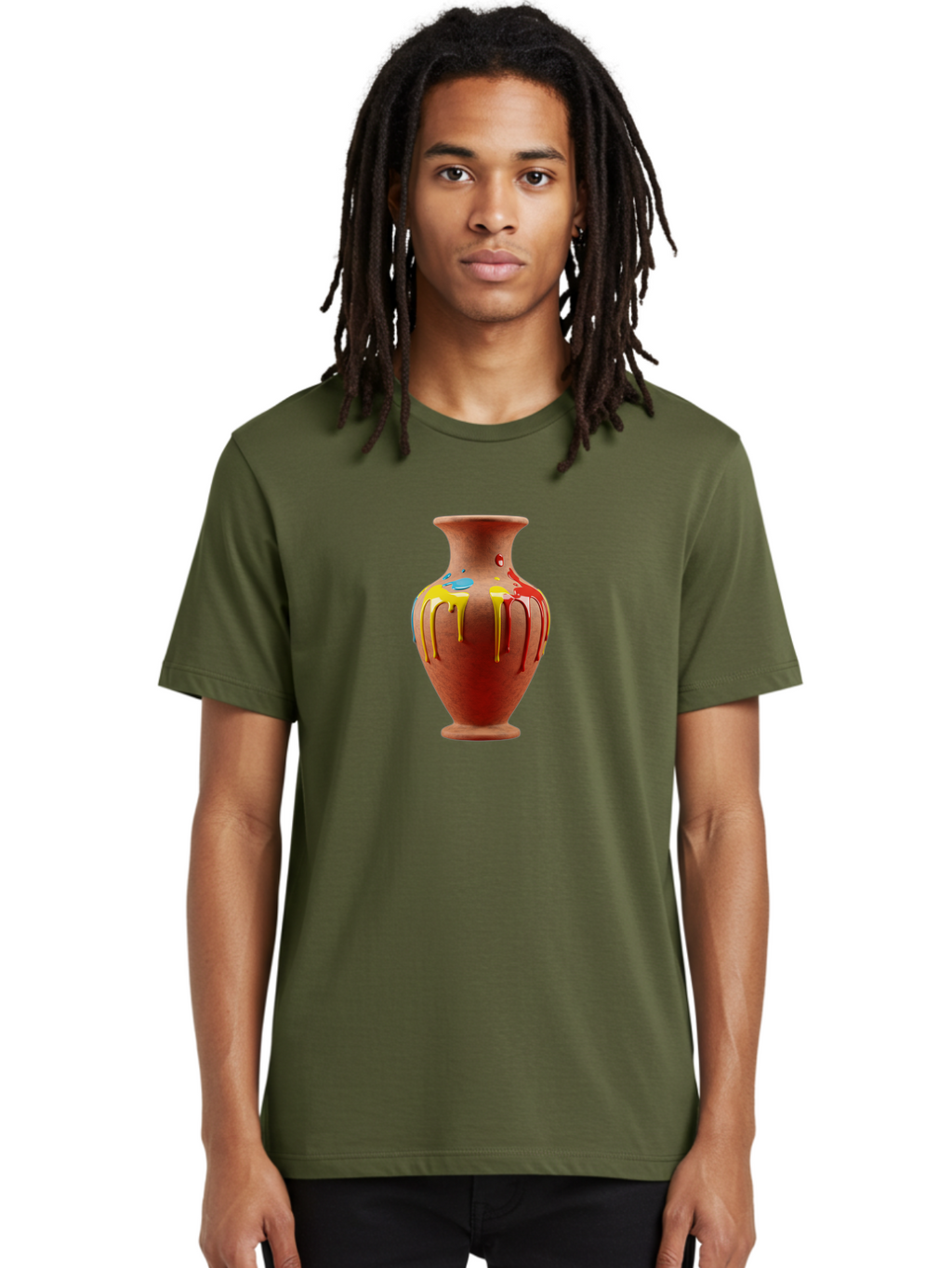 Painted-Clay-Pot Men'S Graphic Tee, 100% Cotton, Comfortable Casual Summer Wear, Machine Washable, Painted Clay Vase, Pottery Art, Colorful Drip Design, Artistic Expression, Vibrant Colors, Handmade Decor, Unique Pottery, Decorative Vase, Bab062