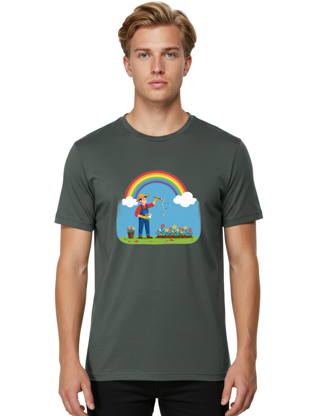 Painter-Under-Rainbow Men'S Graphic Tee, 100% Cotton, Comfortable Casual Summer Wear, Machine Washable, Painter Man, Rainbow Colors, Vibrant Flowers, Creative Painting, Colorful Artwork, Artistic Expression, Gardening Delight, Fantasy Garden Bab063