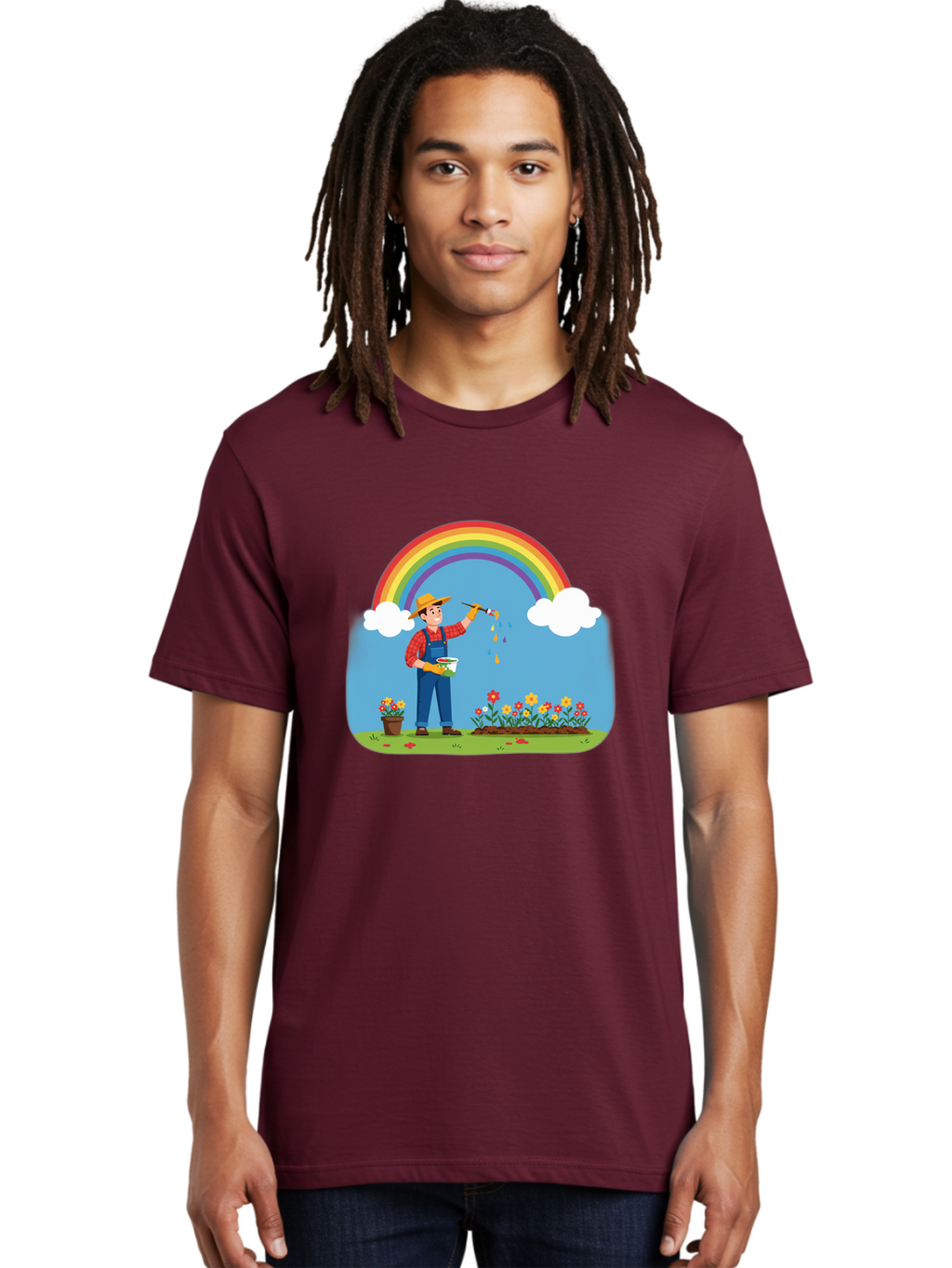 Painter-Under-Rainbow Men'S Graphic Tee, 100% Cotton, Comfortable Casual Summer Wear, Machine Washable, Painter Man, Rainbow Colors, Vibrant Flowers, Creative Painting, Colorful Artwork, Artistic Expression, Gardening Delight, Fantasy Garden Bab063
