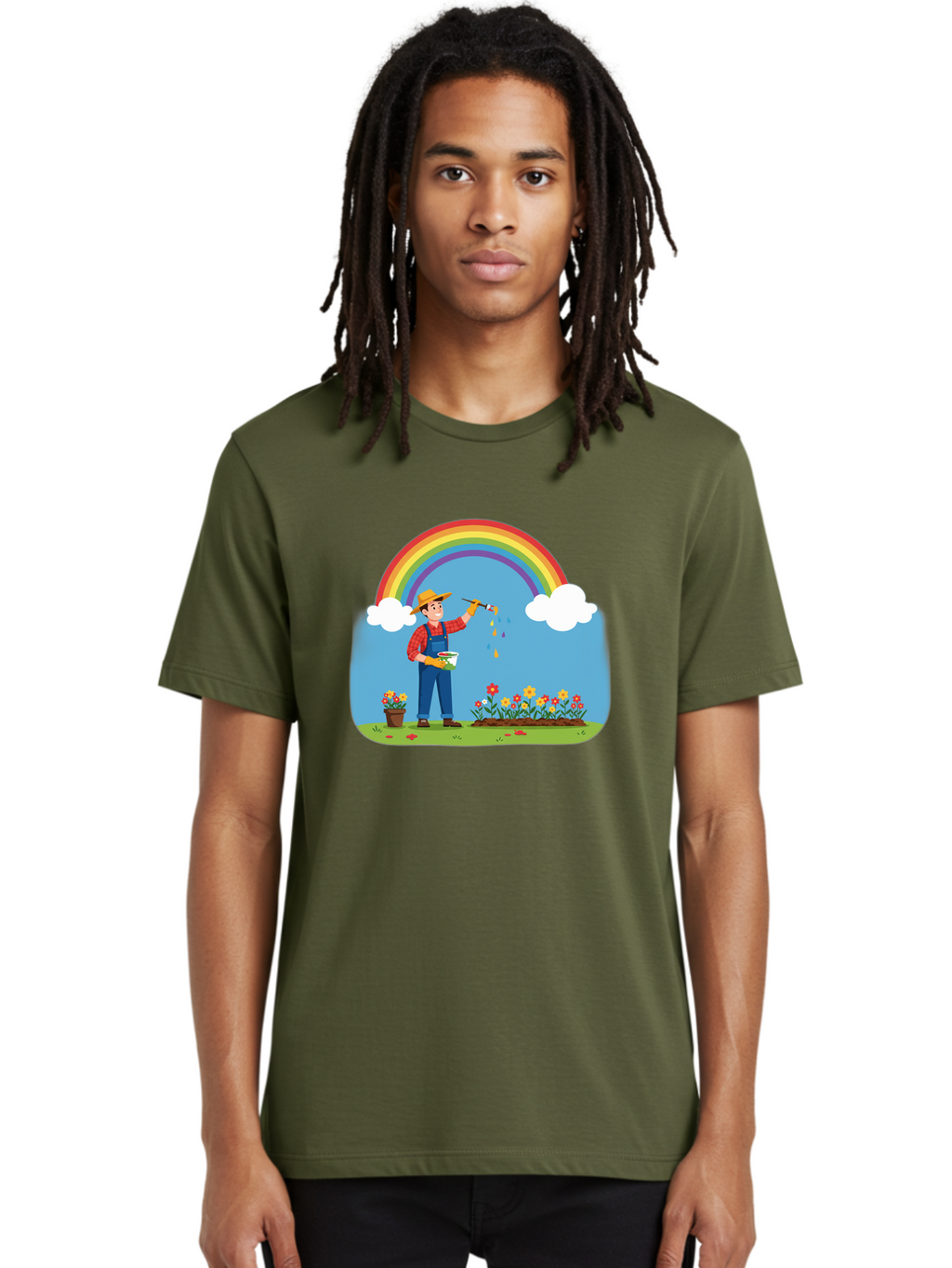 Painter-Under-Rainbow Men'S Graphic Tee, 100% Cotton, Comfortable Casual Summer Wear, Machine Washable, Painter Man, Rainbow Colors, Vibrant Flowers, Creative Painting, Colorful Artwork, Artistic Expression, Gardening Delight, Fantasy Garden Bab063