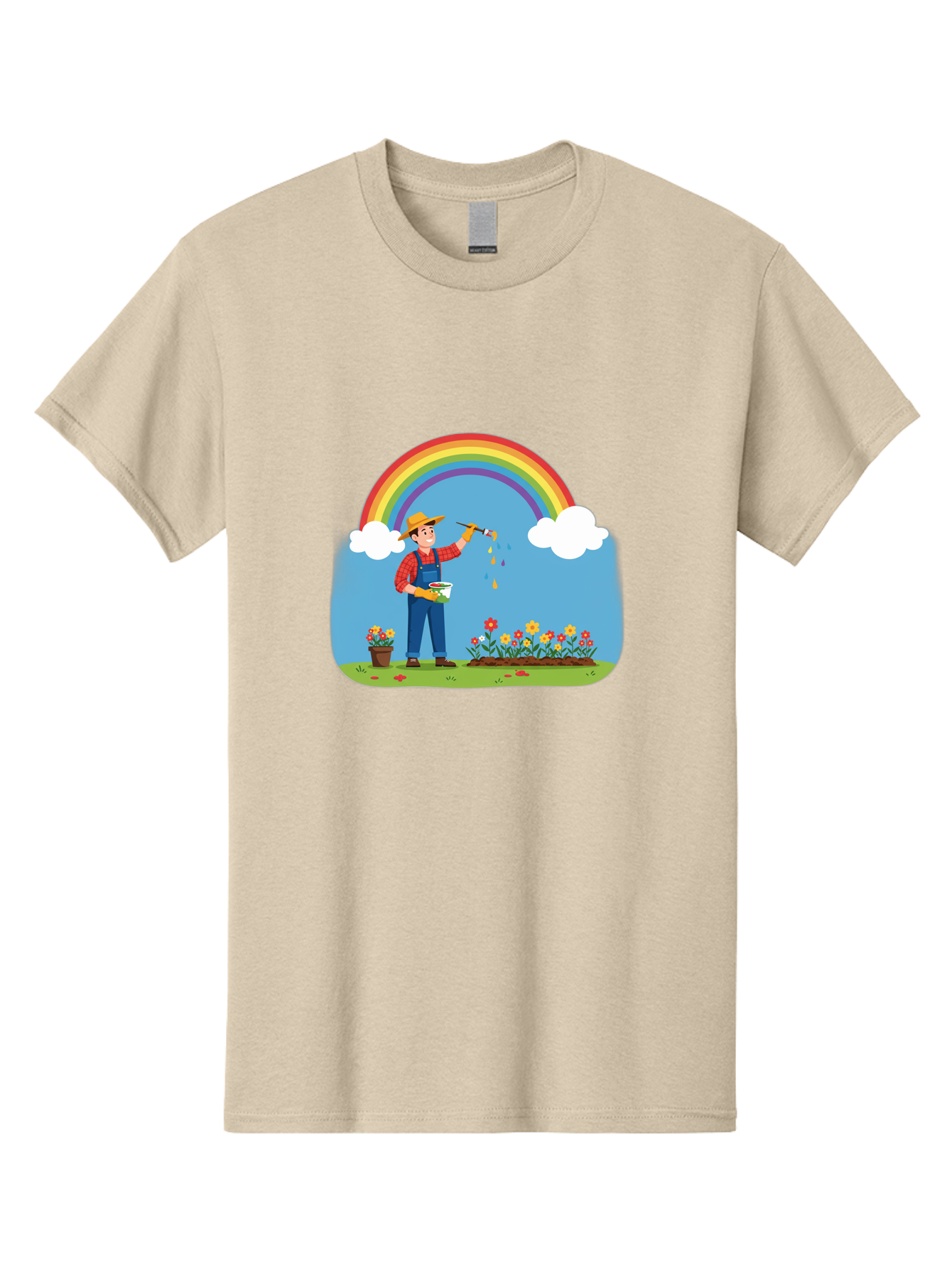 Painter-Under-Rainbow Men'S Graphic Tee, 100% Cotton, Comfortable Casual Summer Wear, Machine Washable, Painter Man, Rainbow Colors, Vibrant Flowers, Creative Painting, Colorful Artwork, Artistic Expression, Gardening Delight, Fantasy Garden Bab063