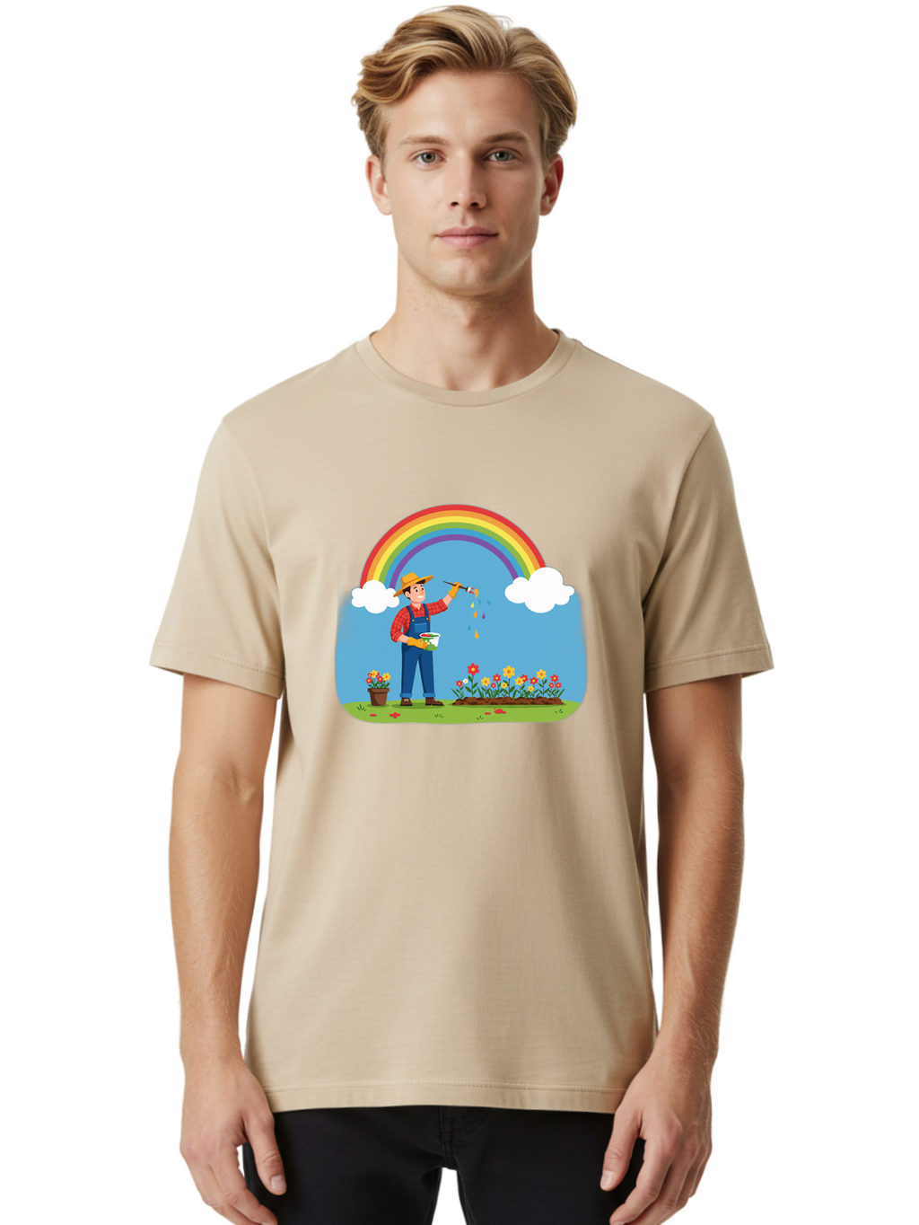Painter-Under-Rainbow Men'S Graphic Tee, 100% Cotton, Comfortable Casual Summer Wear, Machine Washable, Painter Man, Rainbow Colors, Vibrant Flowers, Creative Painting, Colorful Artwork, Artistic Expression, Gardening Delight, Fantasy Garden Bab063