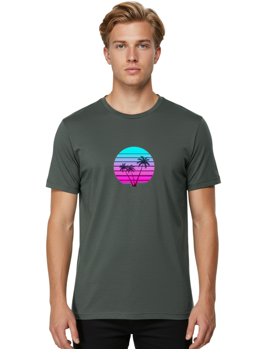 Palm-Trees Men'S Graphic Tee, 100% Cotton, Comfortable Casual Summer Wear, Machine Washable, Retro Futurism, Synthwave Aesthetic, Pastel Colors, Palm Trees, Gradient Effect, Vaporwave Style, 80S Vibe, Futuristic Landscape, Tropical Scene, Bab065