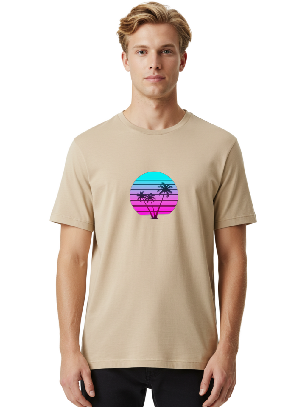Palm-Trees Men'S Graphic Tee, 100% Cotton, Comfortable Casual Summer Wear, Machine Washable, Retro Futurism, Synthwave Aesthetic, Pastel Colors, Palm Trees, Gradient Effect, Vaporwave Style, 80S Vibe, Futuristic Landscape, Tropical Scene, Bab065