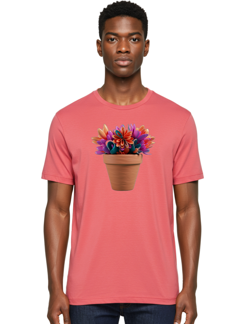 Paper-Flowers-In-Terracotta-Pot Men'S Graphic Tee, 100% Cotton, Comfortable Casual Summer Wear, Machine Washable, Paper Flowers In Pot, Colorful Blooms, Vibrant Petals, Creative Decoration, Handmade Art, Floral Arrangement, Orange, Purple, Bab066