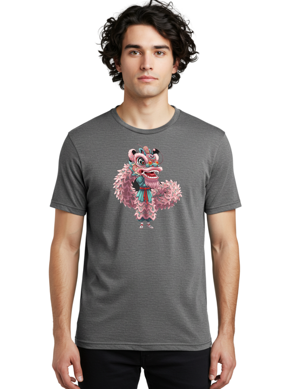 Pastel-Lion-Dance-Costume Men'S Graphic Tee, 100% Cotton, Comfortable Casual Summer Wear, Machine Washable, Lion Dance Costume, Traditional Chinese Dance, Cultural Heritage, Festive Atmosphere, Vibrant Colors, Pink Lion, Teal Robes, Red Sash, Bab068