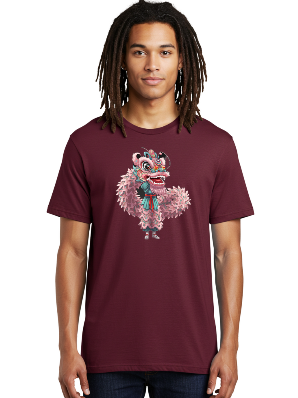 Pastel-Lion-Dance-Costume Men'S Graphic Tee, 100% Cotton, Comfortable Casual Summer Wear, Machine Washable, Lion Dance Costume, Traditional Chinese Dance, Cultural Heritage, Festive Atmosphere, Vibrant Colors, Pink Lion, Teal Robes, Red Sash, Bab068