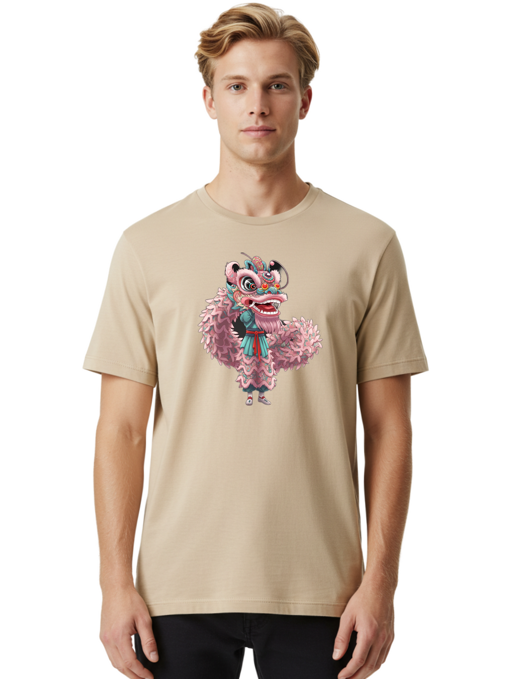 Pastel-Lion-Dance-Costume Men'S Graphic Tee, 100% Cotton, Comfortable Casual Summer Wear, Machine Washable, Lion Dance Costume, Traditional Chinese Dance, Cultural Heritage, Festive Atmosphere, Vibrant Colors, Pink Lion, Teal Robes, Red Sash, Bab068