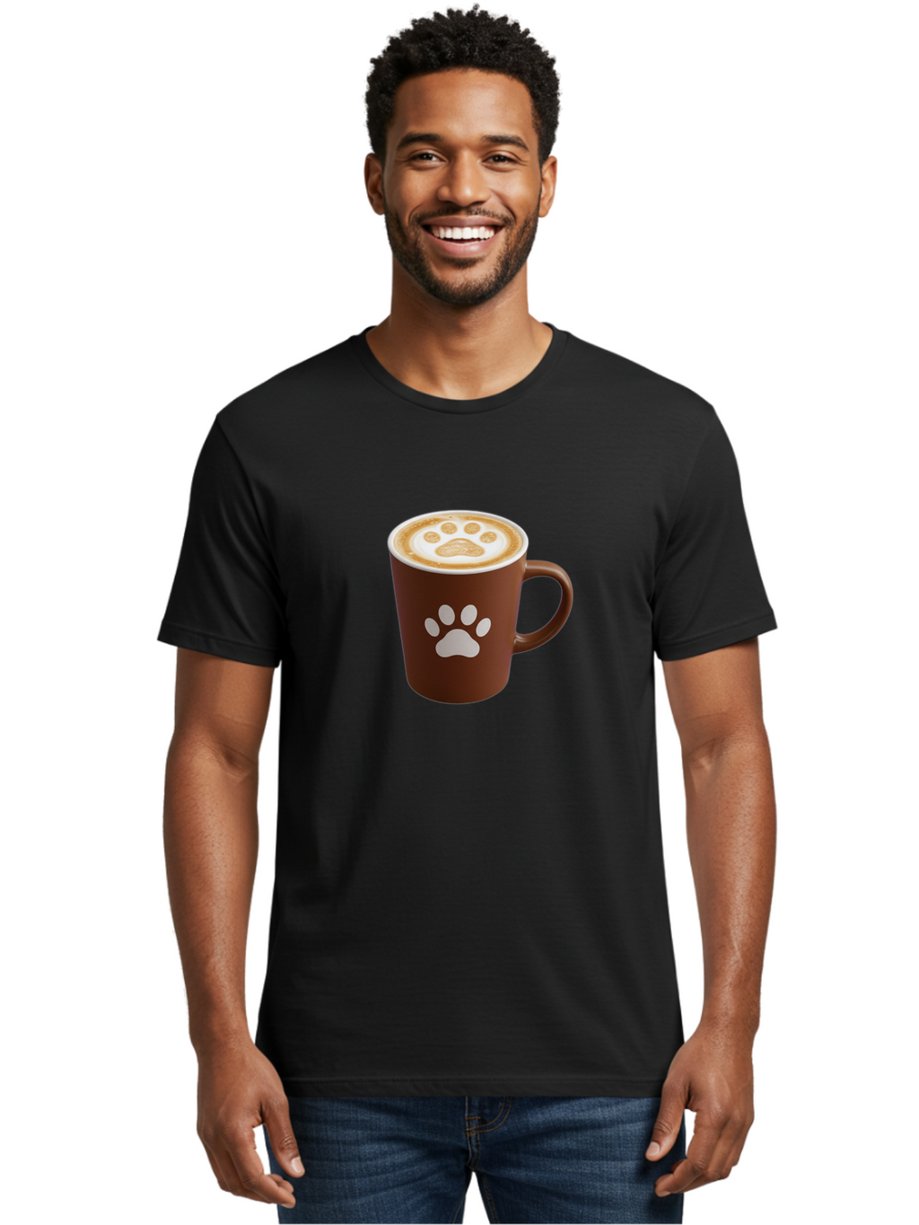 Paw-Print-Coffee-Cup Men'S Graphic Tee, 100% Cotton, Comfortable Casual Summer Wear, Machine Washable, Coffee Cup, Paw Print Design, Latte Art, Cappuccino, Pet Friendly Coffee, Animal Print, Coffee Lover Gift, Cat Paw Print, Dog Paw Print Bab069