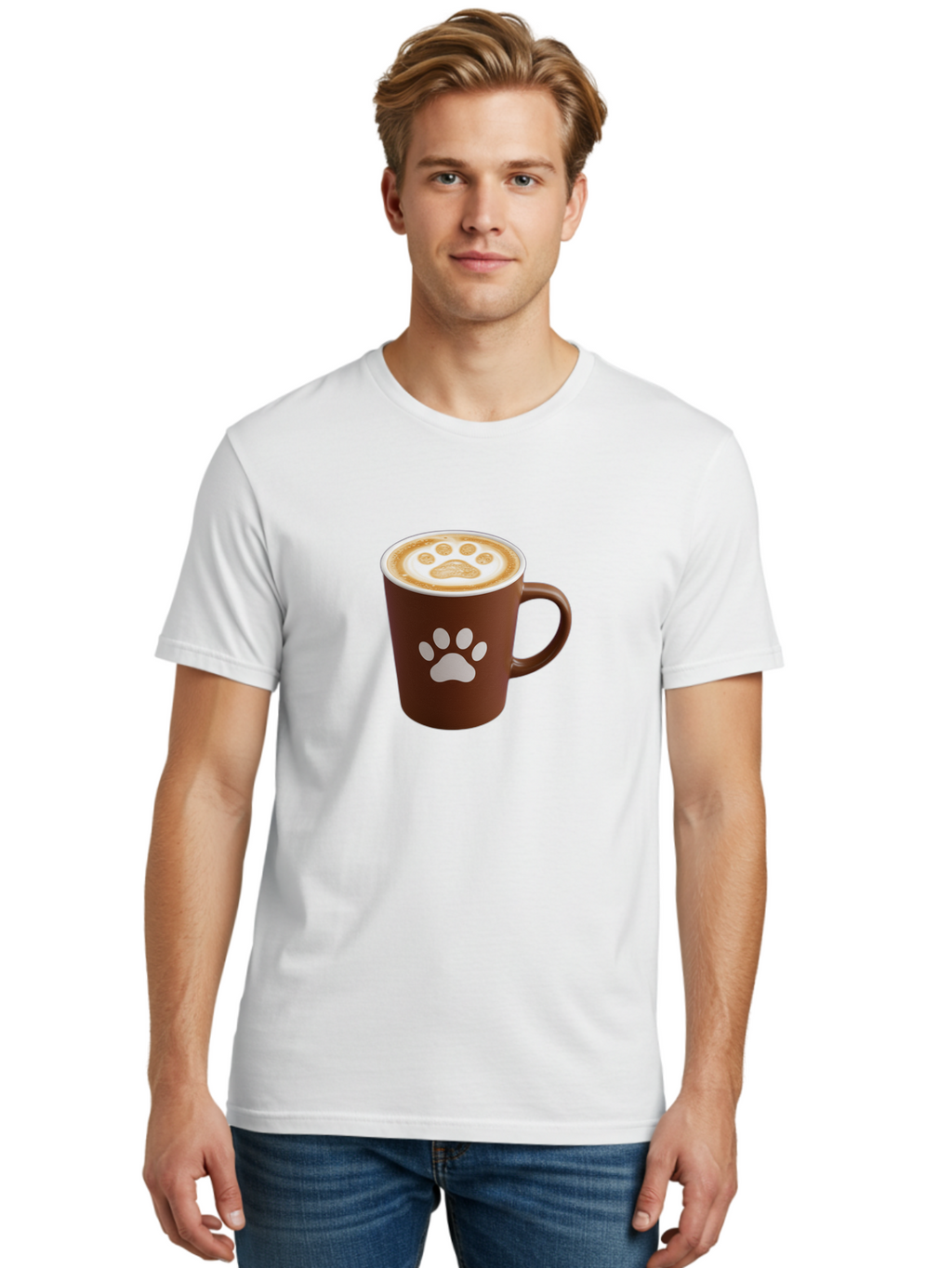Paw-Print-Coffee-Cup Men'S Graphic Tee, 100% Cotton, Comfortable Casual Summer Wear, Machine Washable, Coffee Cup, Paw Print Design, Latte Art, Cappuccino, Pet Friendly Coffee, Animal Print, Coffee Lover Gift, Cat Paw Print, Dog Paw Print Bab069