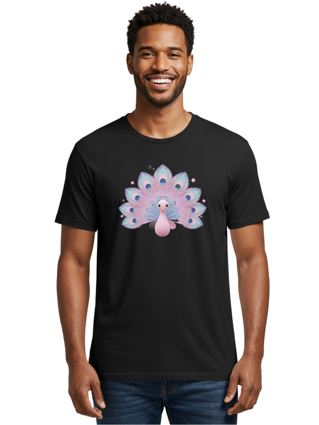 Peacock-1 Men'S Graphic Tee, 100% Cotton, Comfortable Casual Summer Wear, Machine Washable, Cartoon Peacock, Pink Peacock, Blue Feathers, Fantasy Bird, Majestic Plumage, Vibrant Colors, Pastel Hues, Whimsical Design, Stylized Artwork, Bab070