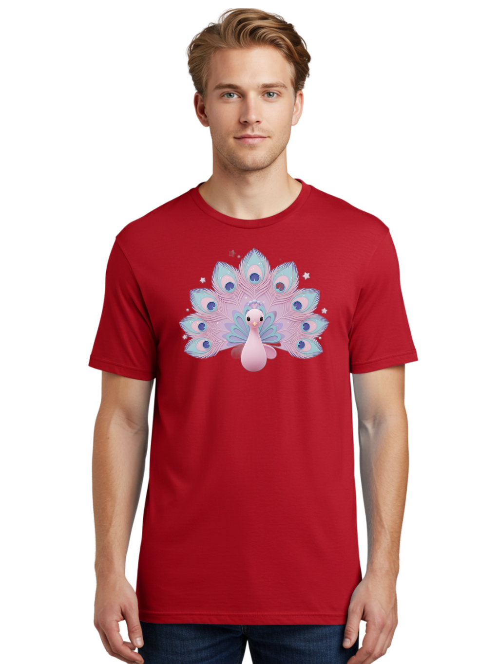 Peacock-1 Men'S Graphic Tee, 100% Cotton, Comfortable Casual Summer Wear, Machine Washable, Cartoon Peacock, Pink Peacock, Blue Feathers, Fantasy Bird, Majestic Plumage, Vibrant Colors, Pastel Hues, Whimsical Design, Stylized Artwork, Bab070