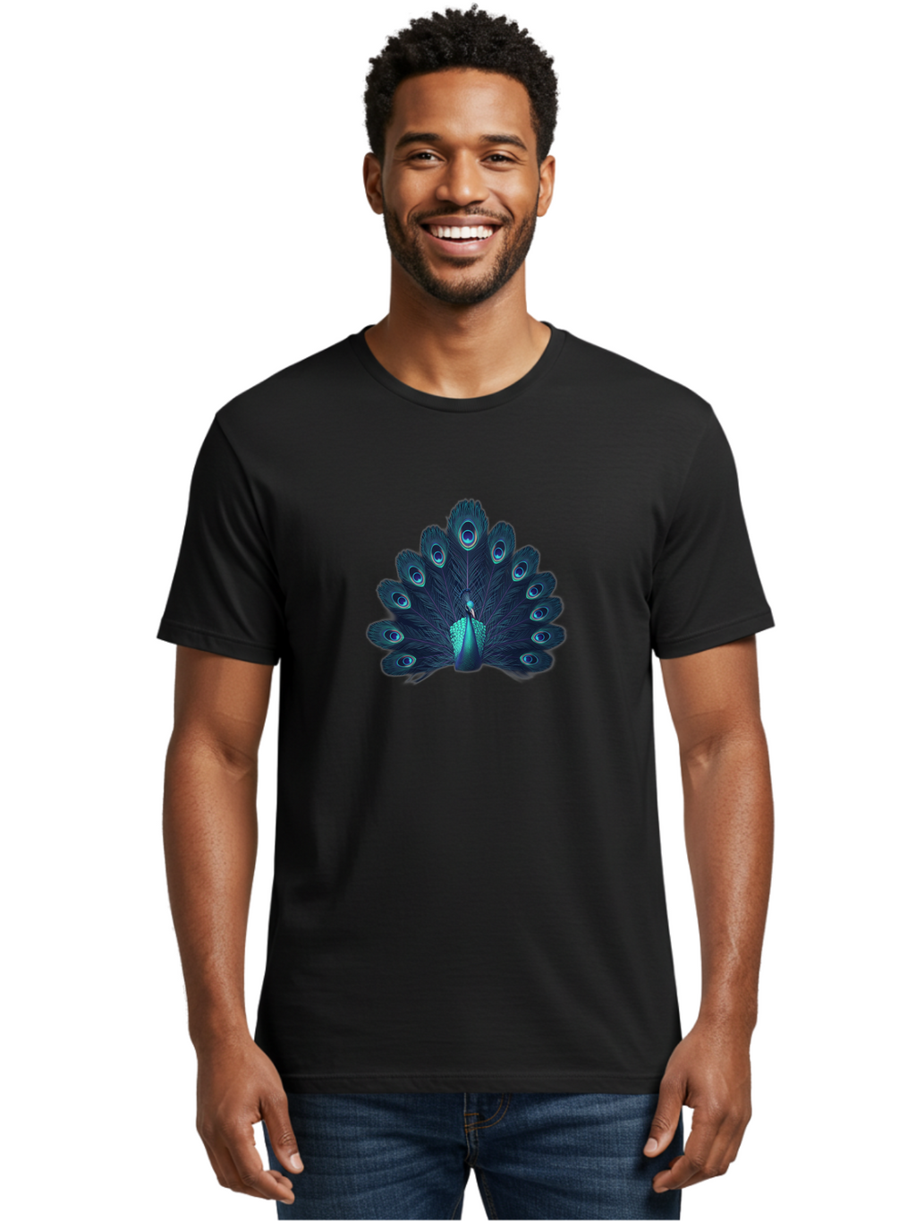Peacock-10 Men'S Graphic Tee, 100% Cotton, Comfortable Casual Summer Wear, Machine Washable, Peacock Spreading Its Feathers, Blue Eyespots, Vibrant Plumage, Majestic Bird, Iridescent Colors, Natural Beauty, Exotic Wildlife, Stunning Display Bab071