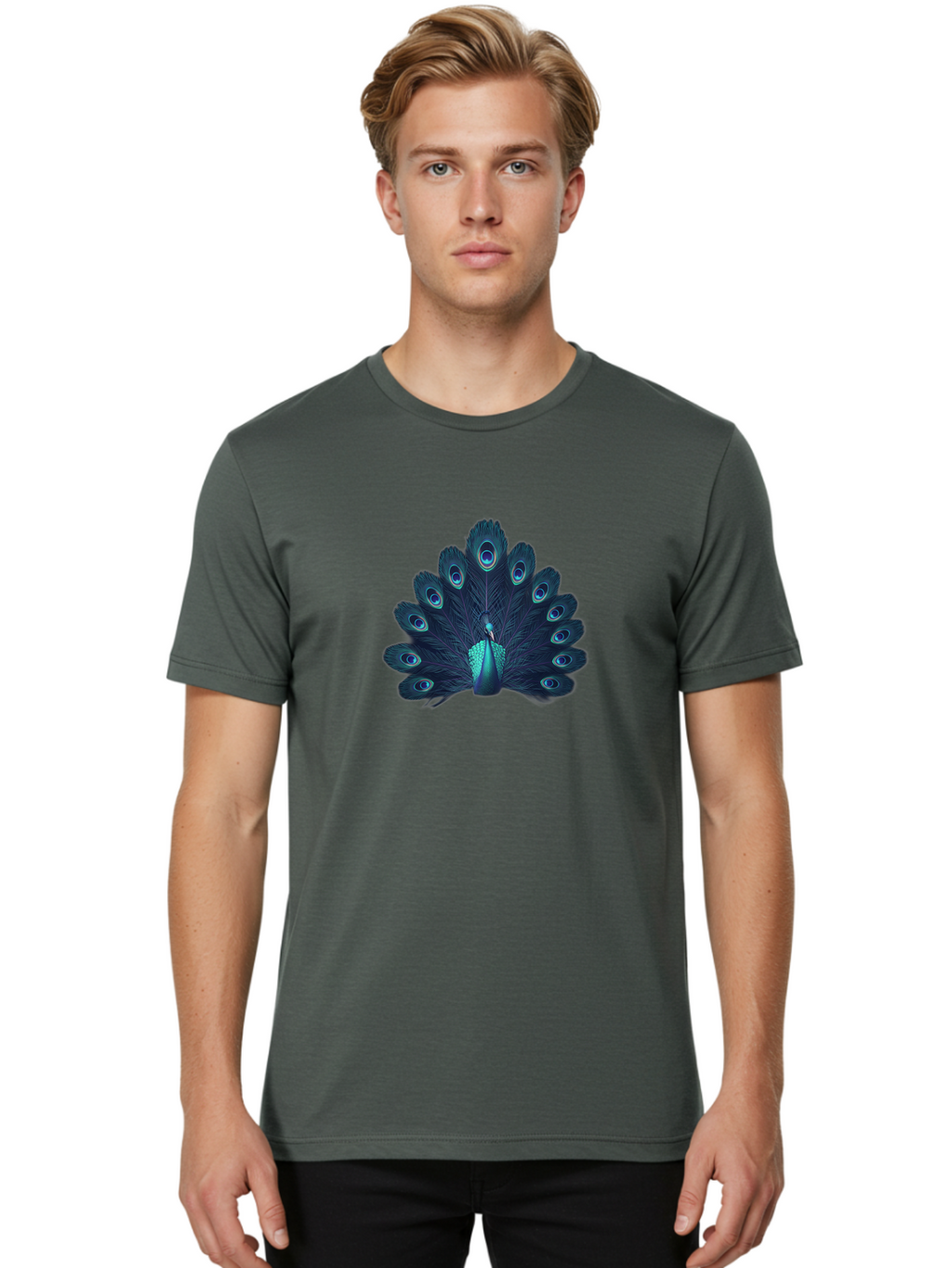 Peacock-10 Men'S Graphic Tee, 100% Cotton, Comfortable Casual Summer Wear, Machine Washable, Peacock Spreading Its Feathers, Blue Eyespots, Vibrant Plumage, Majestic Bird, Iridescent Colors, Natural Beauty, Exotic Wildlife, Stunning Display Bab071