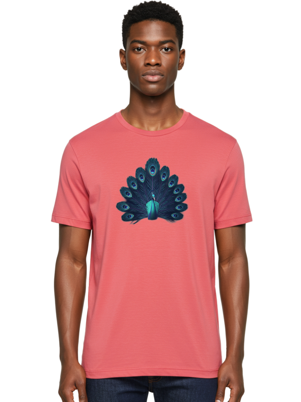 Peacock-10 Men'S Graphic Tee, 100% Cotton, Comfortable Casual Summer Wear, Machine Washable, Peacock Spreading Its Feathers, Blue Eyespots, Vibrant Plumage, Majestic Bird, Iridescent Colors, Natural Beauty, Exotic Wildlife, Stunning Display Bab071