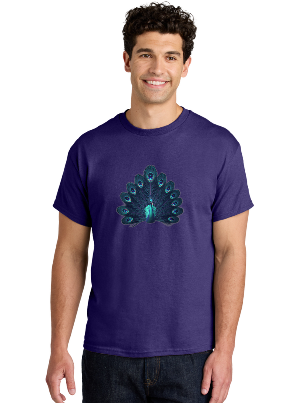 Peacock-10 Men'S Graphic Tee, 100% Cotton, Comfortable Casual Summer Wear, Machine Washable, Peacock Spreading Its Feathers, Blue Eyespots, Vibrant Plumage, Majestic Bird, Iridescent Colors, Natural Beauty, Exotic Wildlife, Stunning Display Bab071