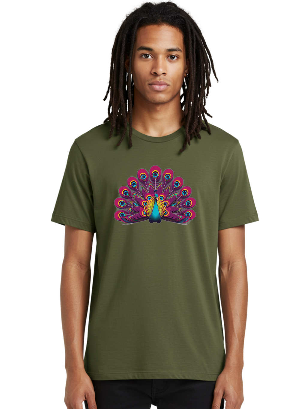 Peacock-11 Men'S Graphic Tee, 100% Cotton, Comfortable Casual Summer Wear, Machine Washable, Vibrant Peacock, Colorful Plumage, Eye-Catching Feathers, Magenta And Blue Hues, Turquoise Body, Intricate Patterns, Majestic Display, Bab072