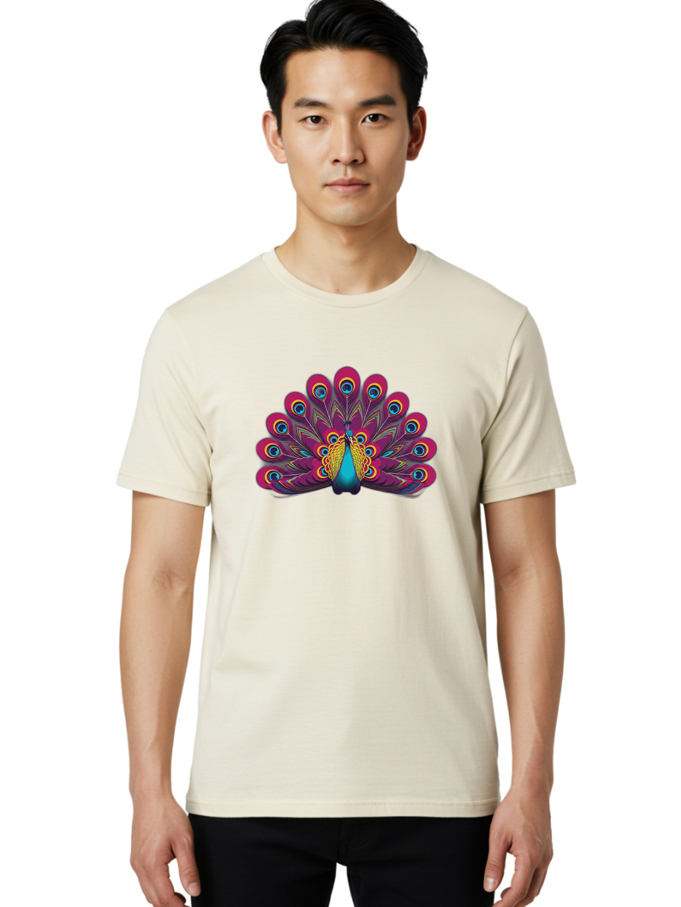 Peacock-11 Men'S Graphic Tee, 100% Cotton, Comfortable Casual Summer Wear, Machine Washable, Vibrant Peacock, Colorful Plumage, Eye-Catching Feathers, Magenta And Blue Hues, Turquoise Body, Intricate Patterns, Majestic Display, Bab072