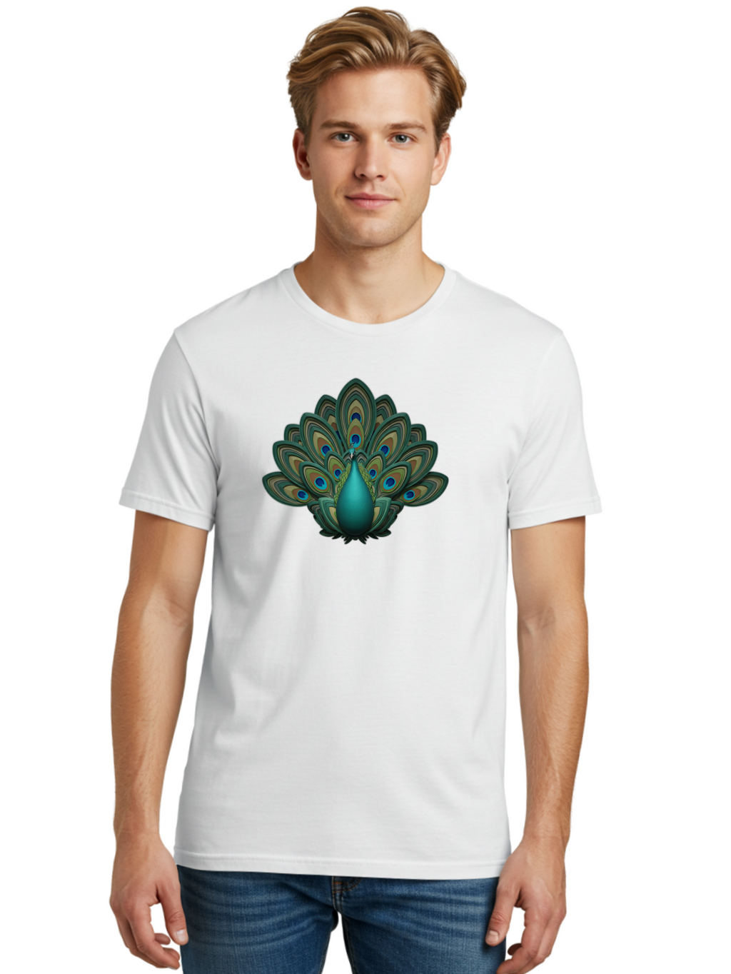 Peacock-12 Men'S Graphic Tee, 100% Cotton, Comfortable Casual Summer Wear, Machine Washable, Peacock Spreading Feathers, Blue Eyespots, Vibrant Plumage, Exotic Bird, Natural Beauty, Colorful Display, Majestic Creature, Bird Watching, Bab073