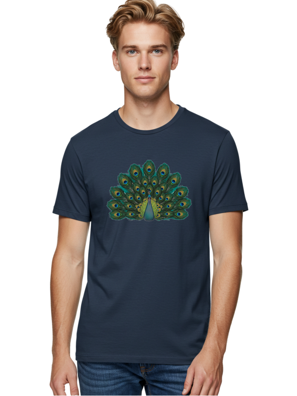Peacock-13 Men'S Graphic Tee, 100% Cotton, Comfortable Casual Summer Wear, Machine Washable, Peacock With Spread Tail, Vibrant Plumage, Blue And Green Feathers, Eye Spots, Majestic Bird, Exotic Creature, Beautiful Display, Nature'S Artistry, Bab074