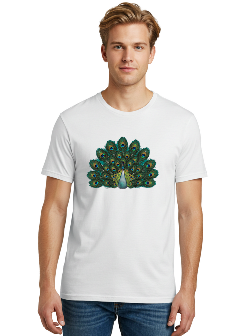 Peacock-13 Men'S Graphic Tee, 100% Cotton, Comfortable Casual Summer Wear, Machine Washable, Peacock With Spread Tail, Vibrant Plumage, Blue And Green Feathers, Eye Spots, Majestic Bird, Exotic Creature, Beautiful Display, Nature'S Artistry, Bab074