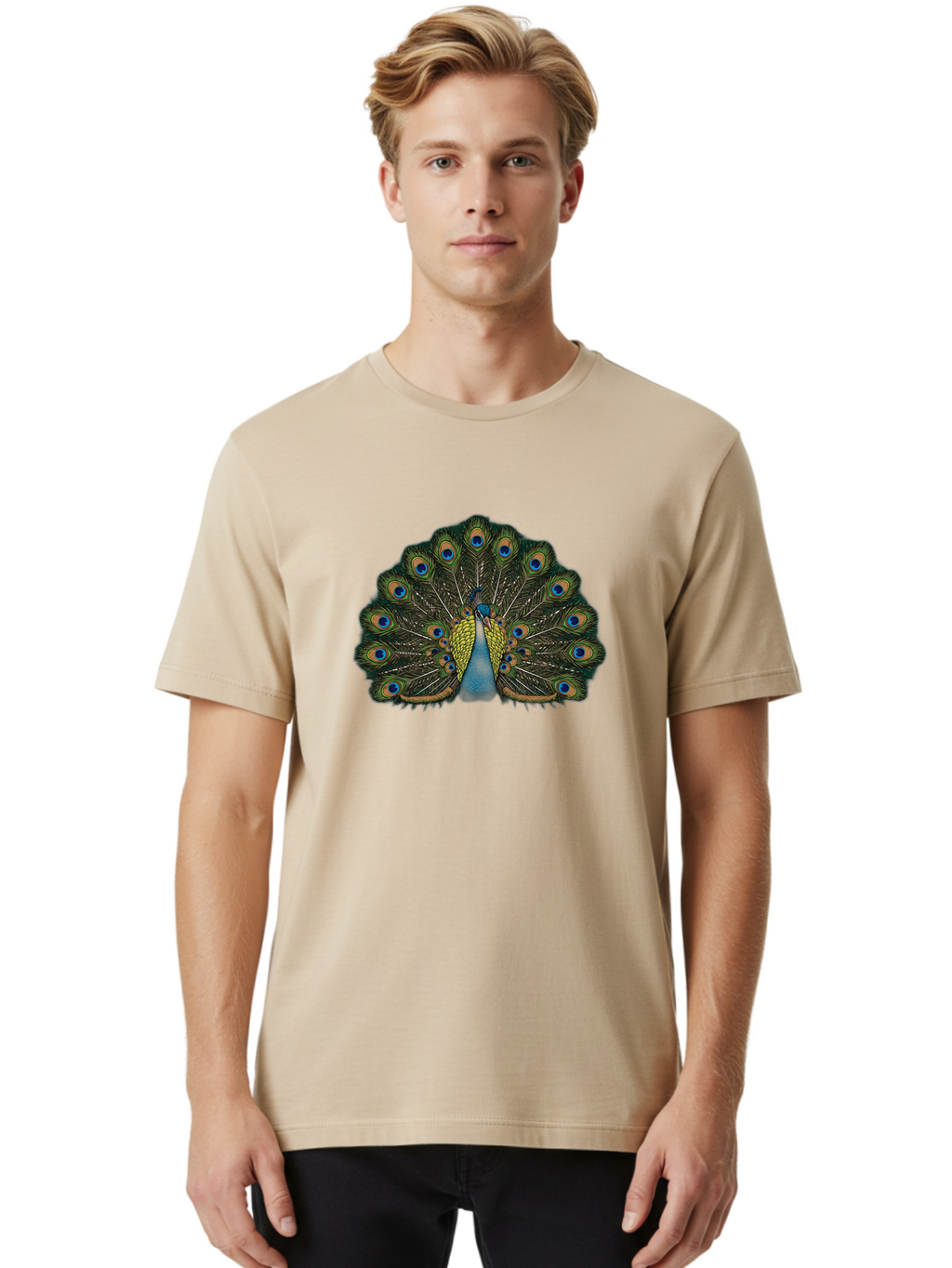 Peacock-14 Men'S Graphic Tee, 100% Cotton, Comfortable Casual Summer Wear, Machine Washable, Peacock Displaying Feathers, Vibrant Plumage, Blue Eyespots, Iridescent Colors, Majestic Bird, Wildlife Beauty, Ornate Tail, Proud Display Bab075
