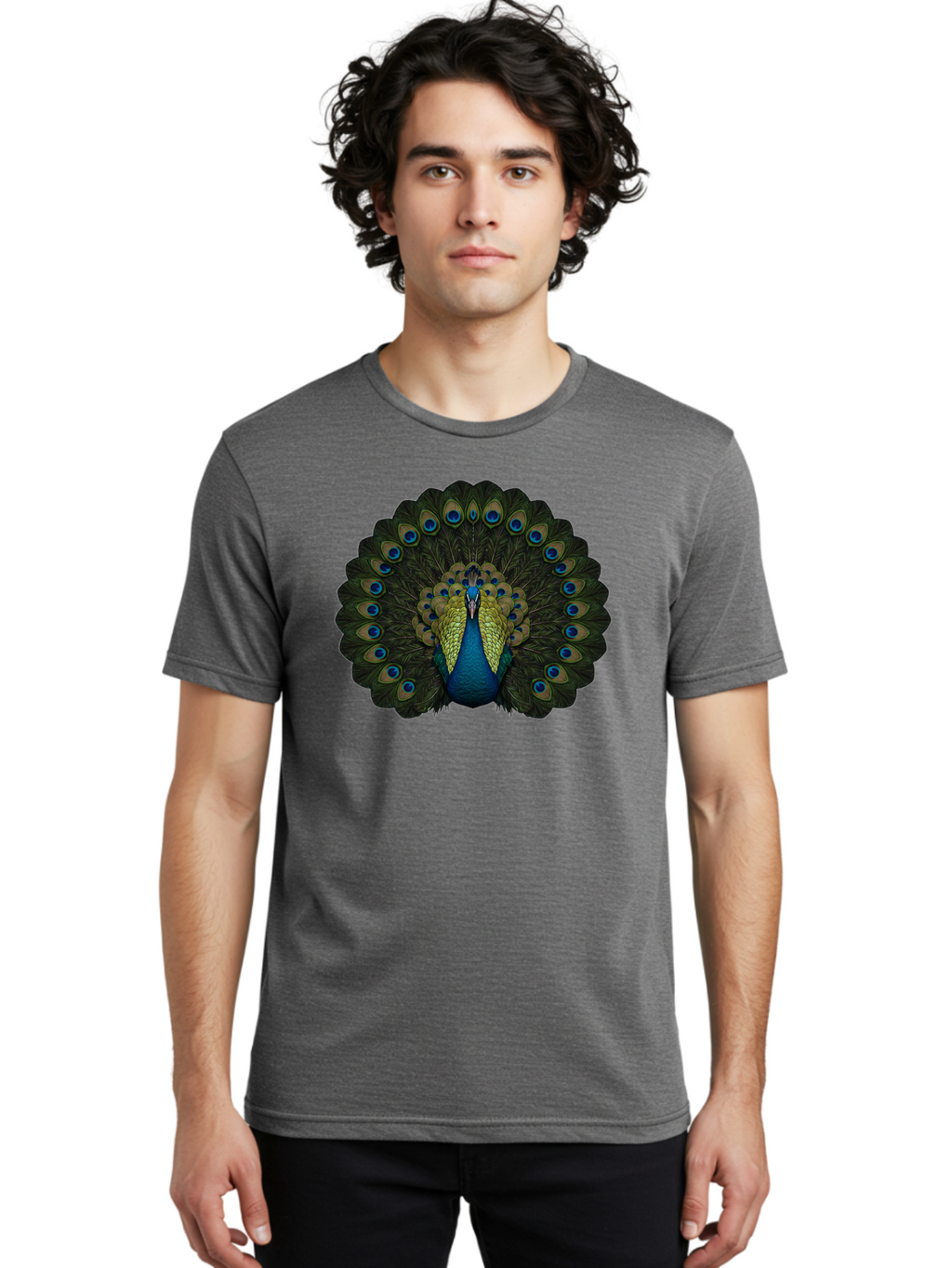 Peacock-15 Men'S Graphic Tee, 100% Cotton, Comfortable Casual Summer Wear, Machine Washable, Blue Peacock, Vibrant Plumage, Eye-Catching Display, Majestic Feathers, Regal Bird, Stunning Colors, Intricate Patterns, Blue And Gold Hues, Bab076