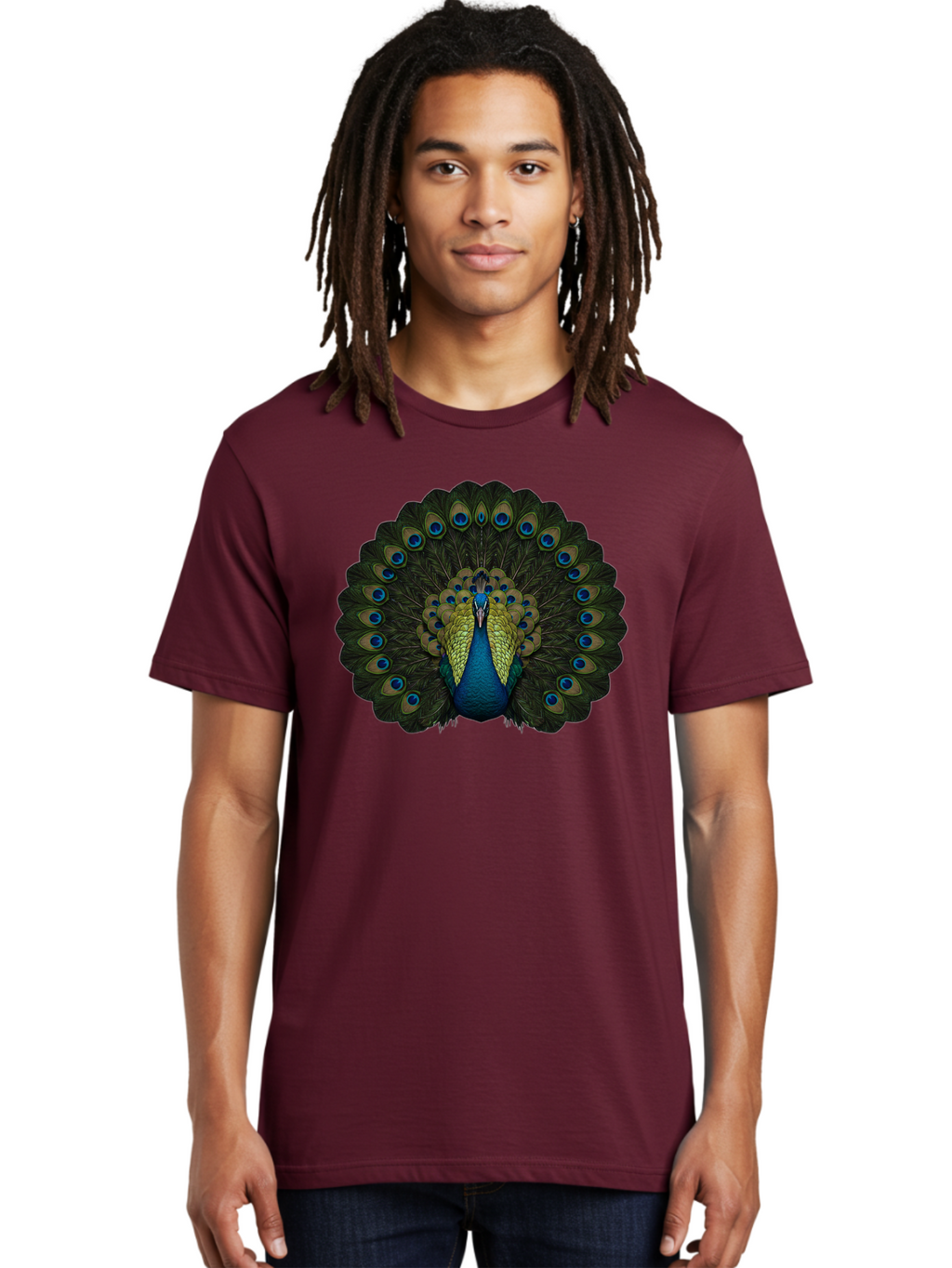 Peacock-15 Men'S Graphic Tee, 100% Cotton, Comfortable Casual Summer Wear, Machine Washable, Blue Peacock, Vibrant Plumage, Eye-Catching Display, Majestic Feathers, Regal Bird, Stunning Colors, Intricate Patterns, Blue And Gold Hues, Bab076
