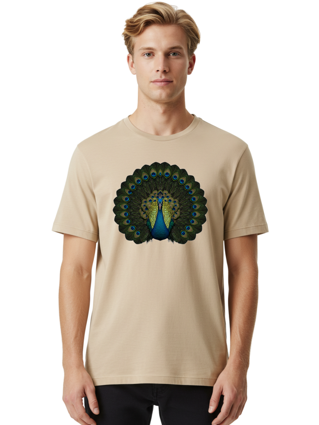 Peacock-15 Men'S Graphic Tee, 100% Cotton, Comfortable Casual Summer Wear, Machine Washable, Blue Peacock, Vibrant Plumage, Eye-Catching Display, Majestic Feathers, Regal Bird, Stunning Colors, Intricate Patterns, Blue And Gold Hues, Bab076
