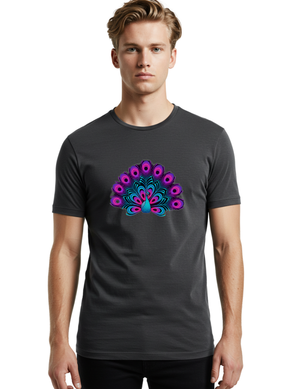 Peacock-16 Men'S Graphic Tee, 100% Cotton, Comfortable Casual Summer Wear, Machine Washable, Peacock Displaying Feathers, Vibrant Plumage, Blue And Purple Hues, Eye-Catching Pattern, Majestic Bird, Colorful Illustration, Intricate Design, Bab077