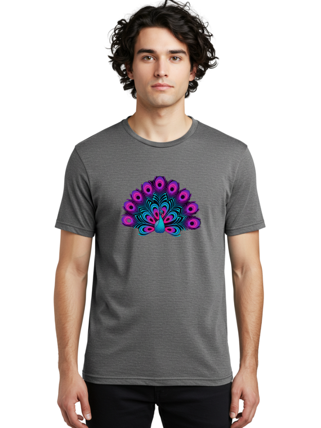 Peacock-16 Men'S Graphic Tee, 100% Cotton, Comfortable Casual Summer Wear, Machine Washable, Peacock Displaying Feathers, Vibrant Plumage, Blue And Purple Hues, Eye-Catching Pattern, Majestic Bird, Colorful Illustration, Intricate Design, Bab077