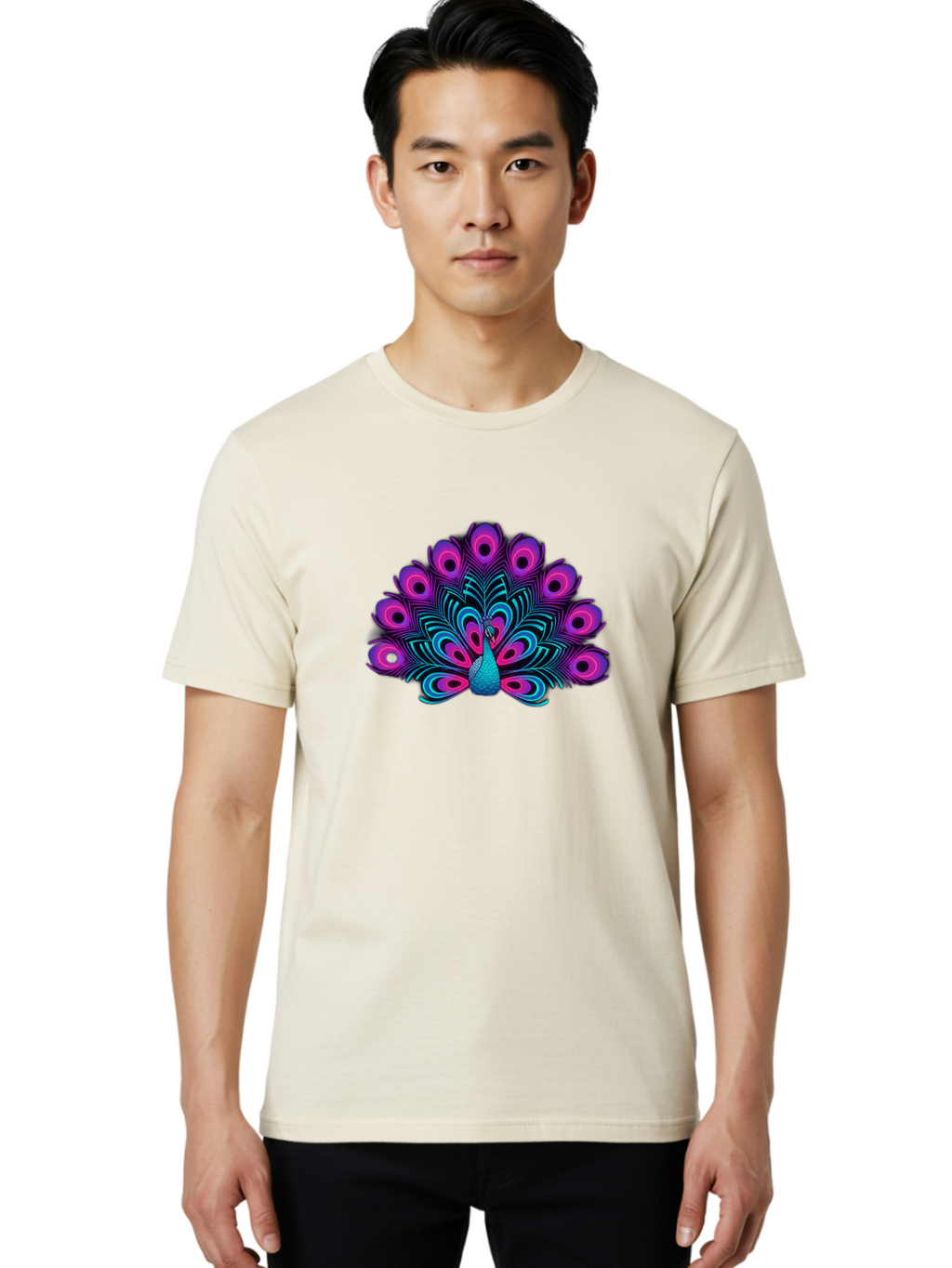 Peacock-16 Men'S Graphic Tee, 100% Cotton, Comfortable Casual Summer Wear, Machine Washable, Peacock Displaying Feathers, Vibrant Plumage, Blue And Purple Hues, Eye-Catching Pattern, Majestic Bird, Colorful Illustration, Intricate Design, Bab077