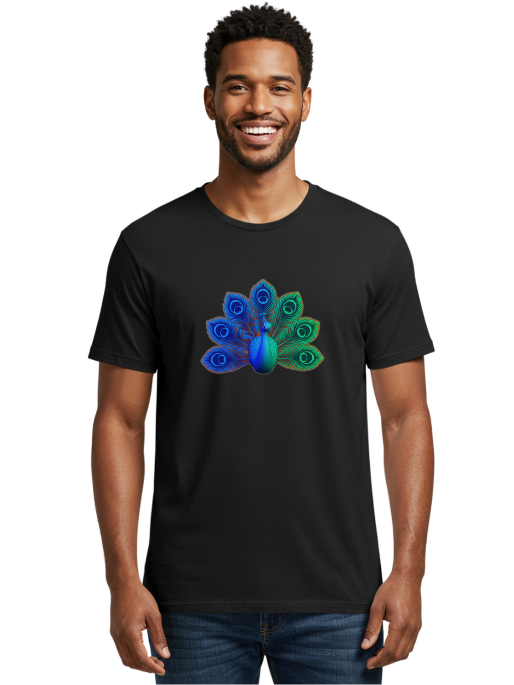 Peacock-18 Men'S Graphic Tee, 100% Cotton, Comfortable Casual Summer Wear, Machine Washable, Peacock Display, Vibrant Feathers, Blue Plumage, Colorful Bird, Majestic Creature, Iridescent Colors, Eye Spots, Feathered Beauty Bab079