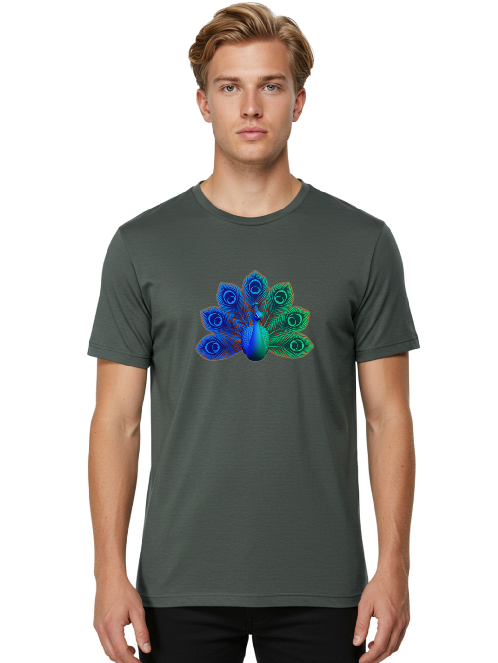 Peacock-18 Men'S Graphic Tee, 100% Cotton, Comfortable Casual Summer Wear, Machine Washable, Peacock Display, Vibrant Feathers, Blue Plumage, Colorful Bird, Majestic Creature, Iridescent Colors, Eye Spots, Feathered Beauty Bab079