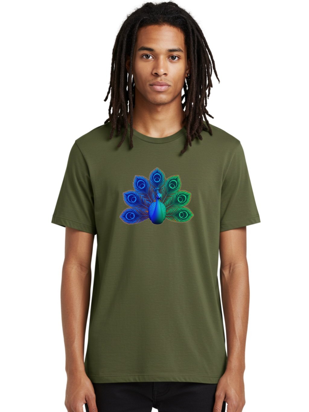 Peacock-18 Men'S Graphic Tee, 100% Cotton, Comfortable Casual Summer Wear, Machine Washable, Peacock Display, Vibrant Feathers, Blue Plumage, Colorful Bird, Majestic Creature, Iridescent Colors, Eye Spots, Feathered Beauty Bab079