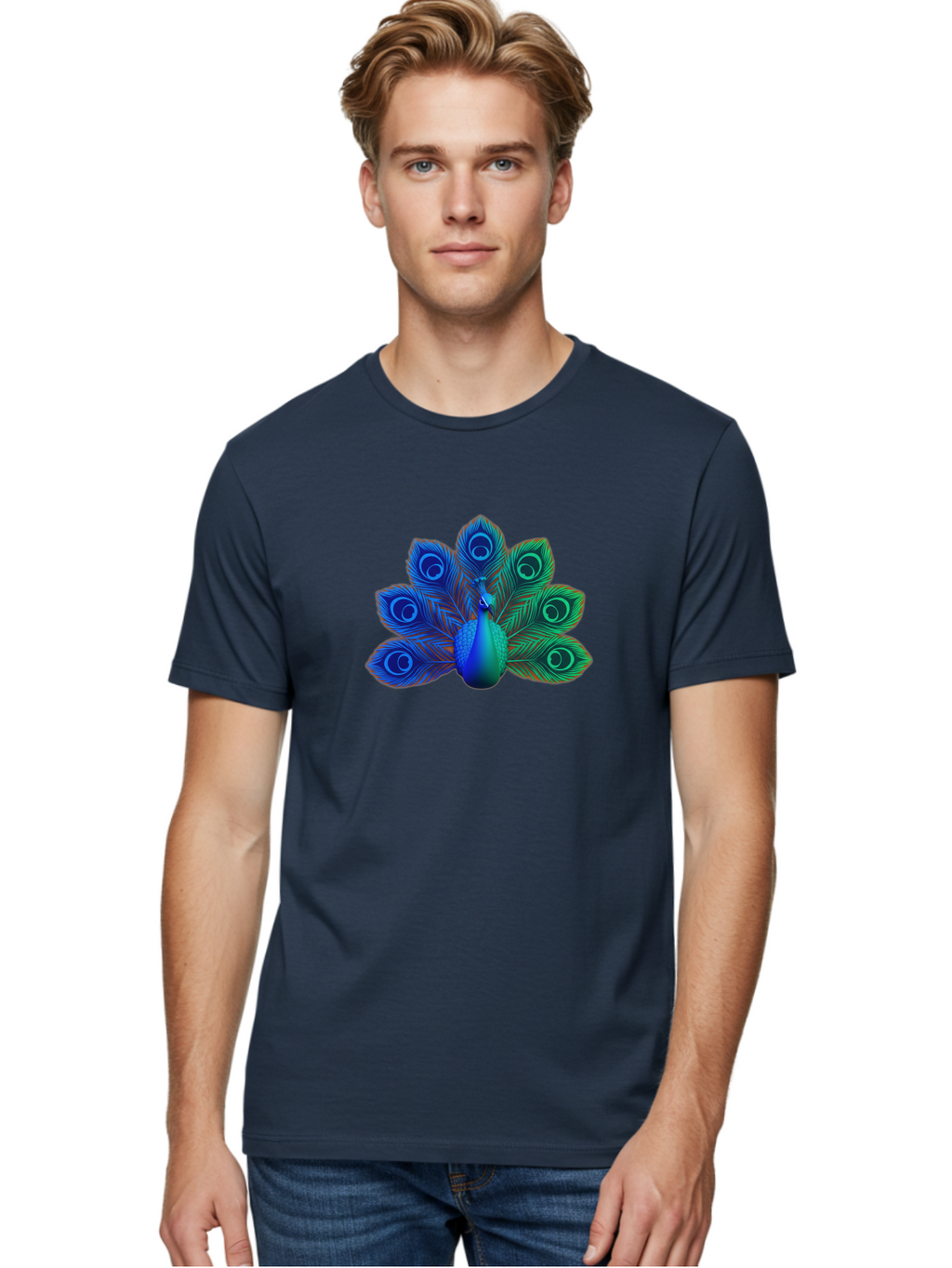 Peacock-18 Men'S Graphic Tee, 100% Cotton, Comfortable Casual Summer Wear, Machine Washable, Peacock Display, Vibrant Feathers, Blue Plumage, Colorful Bird, Majestic Creature, Iridescent Colors, Eye Spots, Feathered Beauty Bab079
