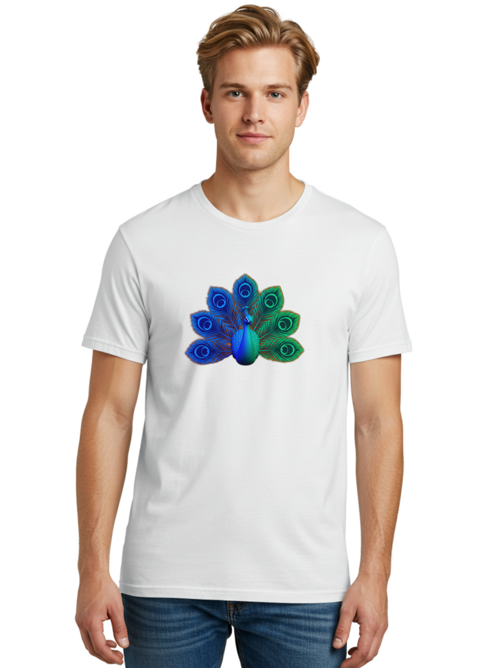 Peacock-18 Men'S Graphic Tee, 100% Cotton, Comfortable Casual Summer Wear, Machine Washable, Peacock Display, Vibrant Feathers, Blue Plumage, Colorful Bird, Majestic Creature, Iridescent Colors, Eye Spots, Feathered Beauty Bab079