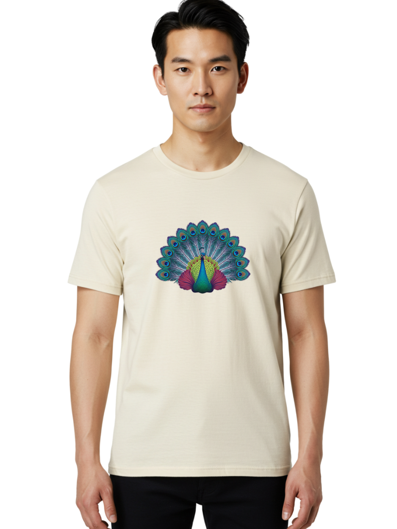 Peacock-19 Men'S Graphic Tee, 100% Cotton, Comfortable Casual Summer Wear, Machine Washable, Peacock With Vibrant Feathers, Colorful Plumage, Blue Eyespots, Green And Blue Body, Pink Train, Majestic Bird, Exotic Wildlife, Beautiful Creature, Bab080