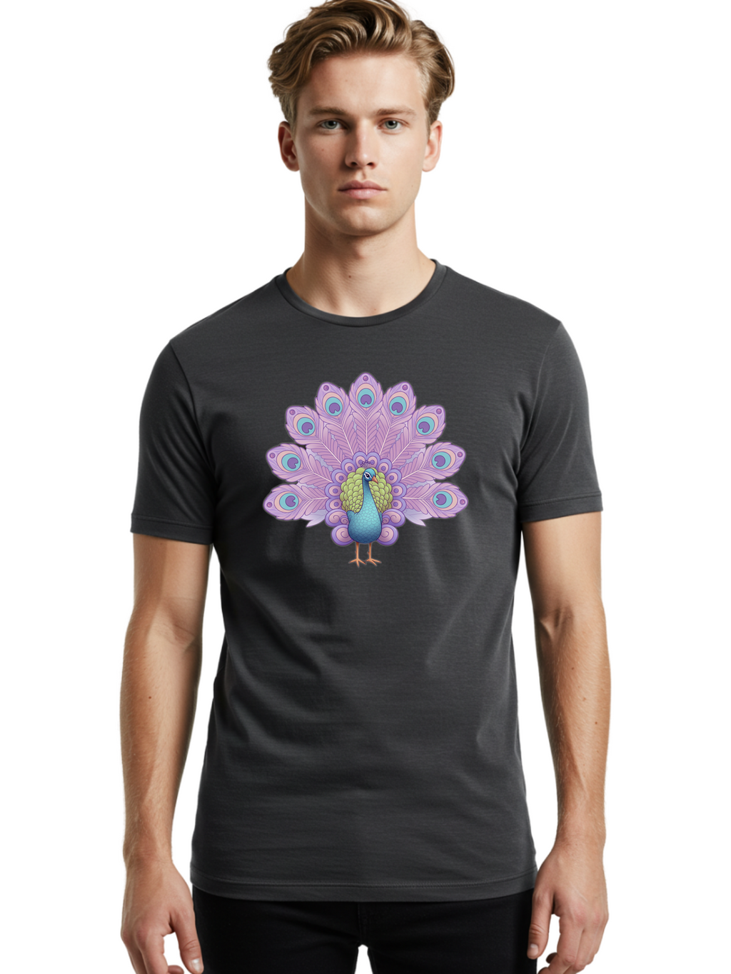 Peacock-2 Men'S Graphic Tee, 100% Cotton, Comfortable Casual Summer Wear, Machine Washable, Peacock Bird, Vibrant Plumage, Colorful Feathers, Blue And Purple Hues, Ornate Tail, Majestic Display, Eye-Catching Patterns, Luxurious Bird, Bab081