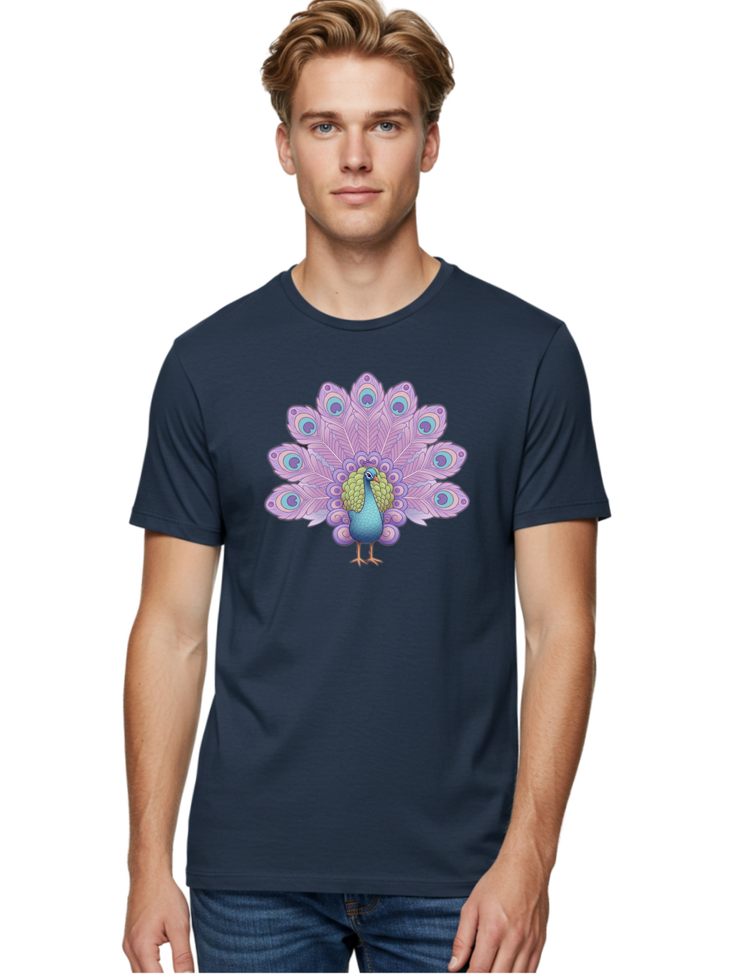 Peacock-2 Men'S Graphic Tee, 100% Cotton, Comfortable Casual Summer Wear, Machine Washable, Peacock Bird, Vibrant Plumage, Colorful Feathers, Blue And Purple Hues, Ornate Tail, Majestic Display, Eye-Catching Patterns, Luxurious Bird, Bab081