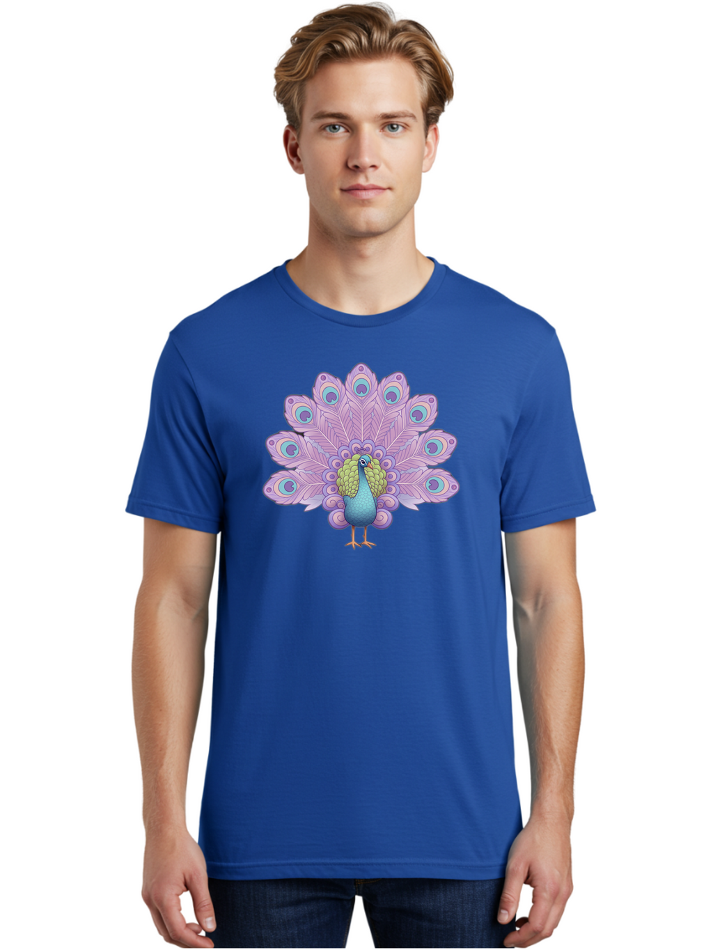 Peacock-2 Men'S Graphic Tee, 100% Cotton, Comfortable Casual Summer Wear, Machine Washable, Peacock Bird, Vibrant Plumage, Colorful Feathers, Blue And Purple Hues, Ornate Tail, Majestic Display, Eye-Catching Patterns, Luxurious Bird, Bab081