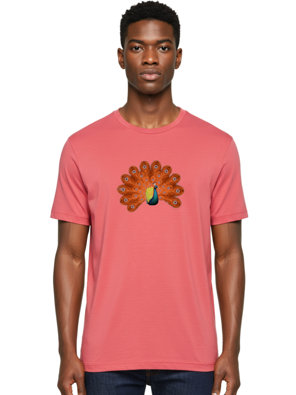 Peacock-20 Men'S Graphic Tee, 100% Cotton, Comfortable Casual Summer Wear, Machine Washable, Vibrant Peacock, Colorful Plumage, Orange Feathers, Blue And Yellow Body, Majestic Bird, Eye-Catching Display, Natural Beauty, Wildlife, Exotic Bird Bab082