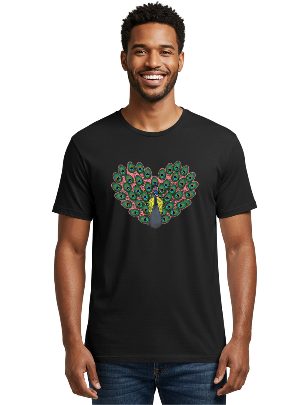 Peacock-22 Men'S Graphic Tee, 100% Cotton, Comfortable Casual Summer Wear, Machine Washable, Peacock Spreading Tail, Colorful Plumage, Vibrant Feathers, Blue Eyespots, Green And Pink Hues, Majestic Bird, Proud Display, Iridescent Colors, Bab084